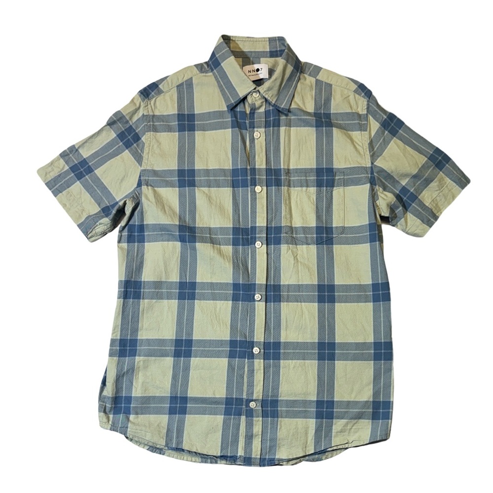 NN07 No Nationality S Small green blue plaid Leon short sleeve button up shirt